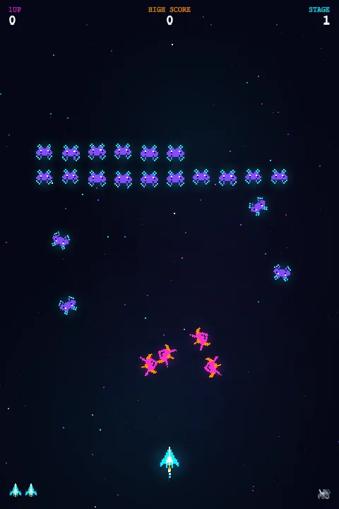 Starfall gameplay: purple and magenta alien formation diving at a cyan fighter ship
